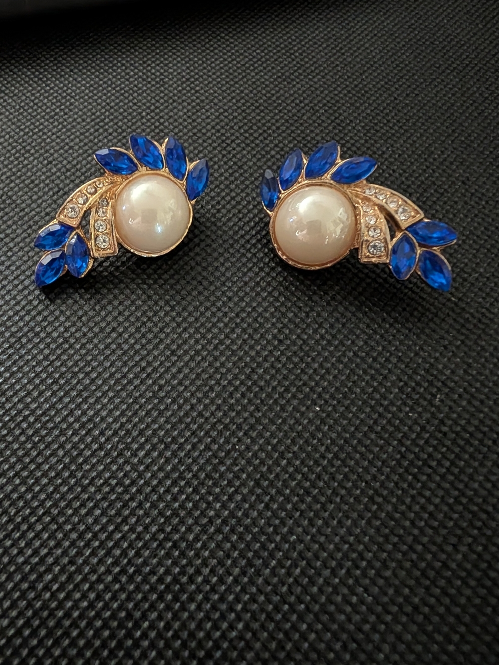 Royal Blue and Faux Pearl Earrings ca 1955